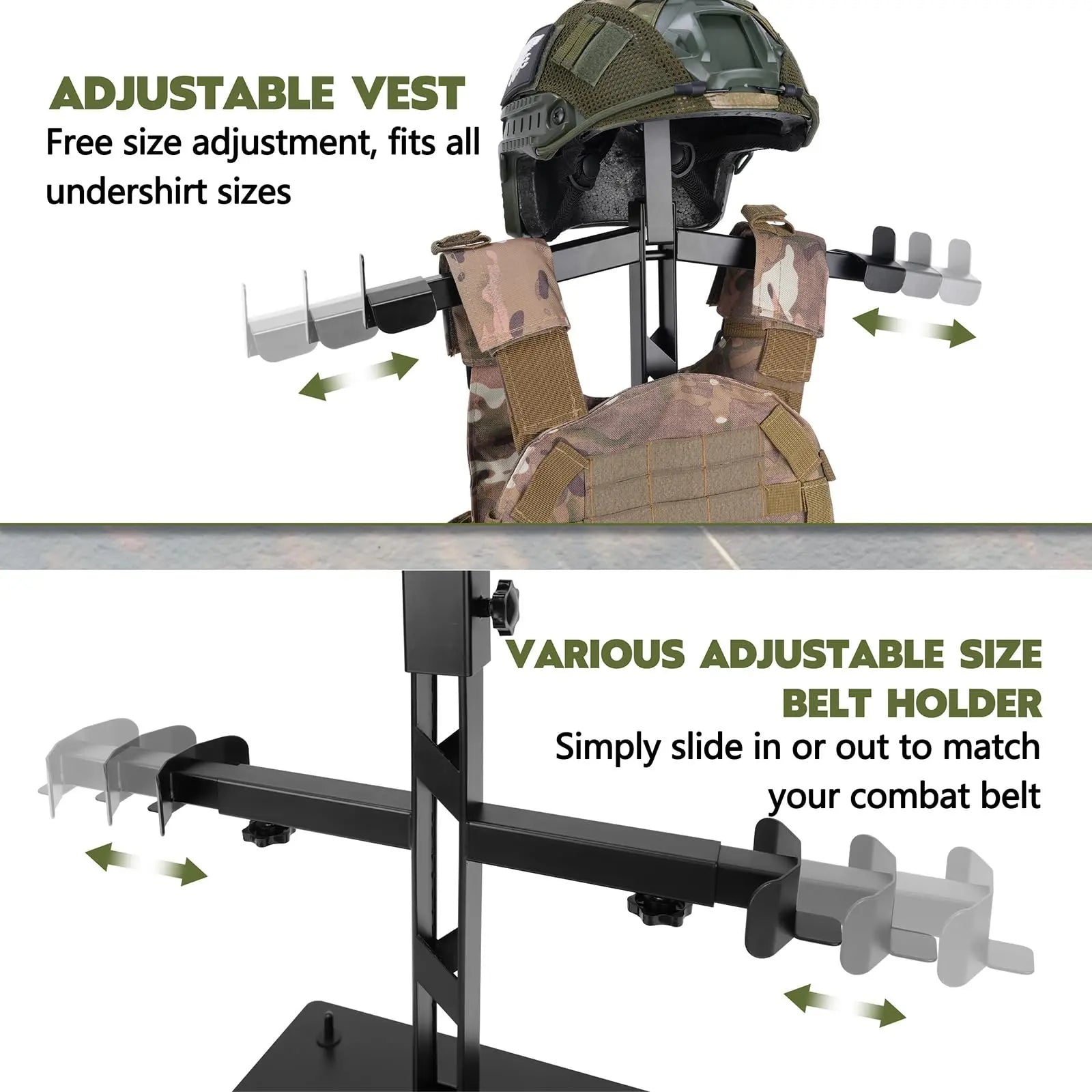 Heavy Duty Tactical Gear Stand Helmet Vest Belt Display Rack, All-Steel Adjustable Tactical Vest Hanger, Hold up to 70 Lbs, Silicone Base