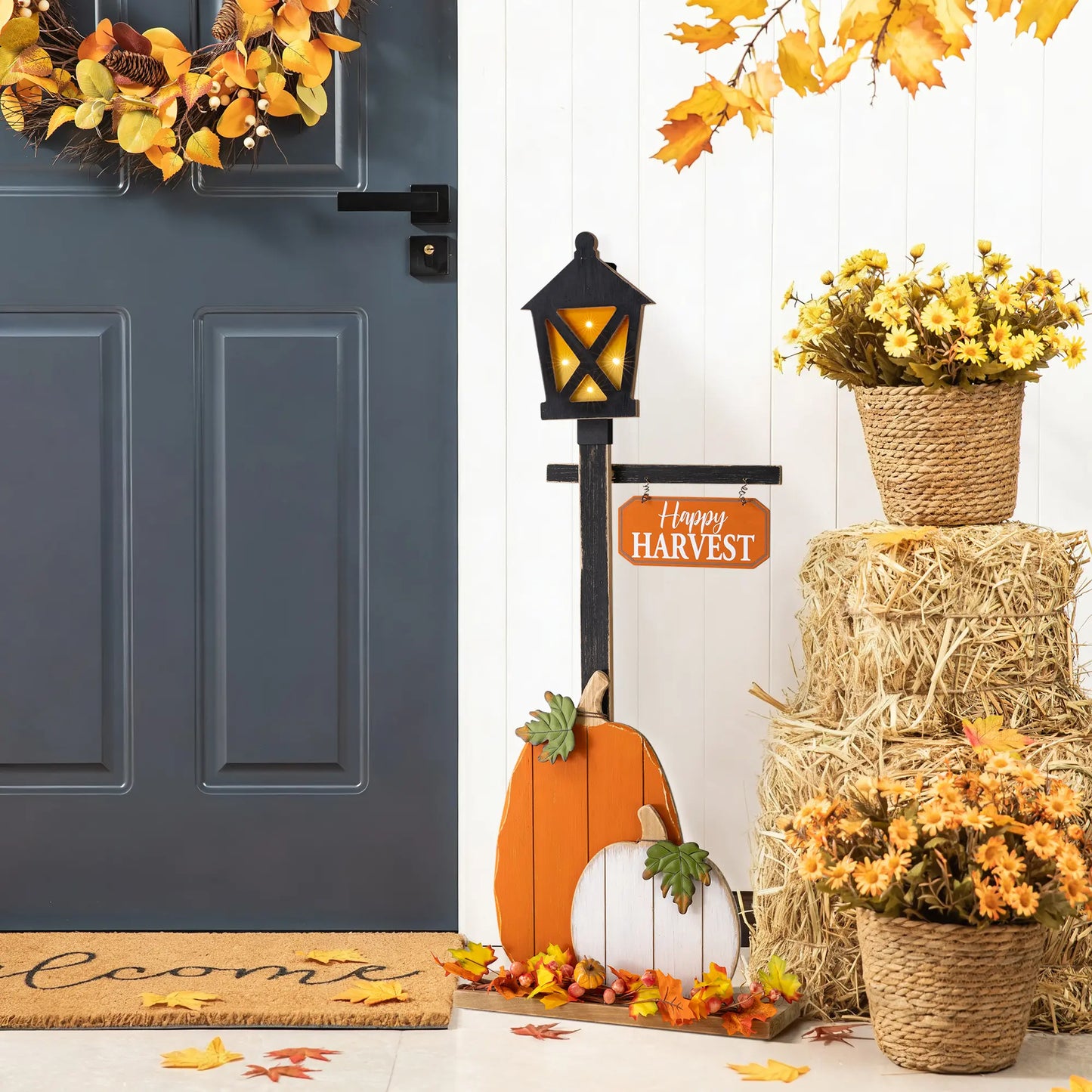 Glitzhome 36"H Rustic Lighted Wooden Pumpkin Lantern Lamp Post, Festive Decoration with Timer, Knock-Down Entryway Holiday Ornaments for Porch