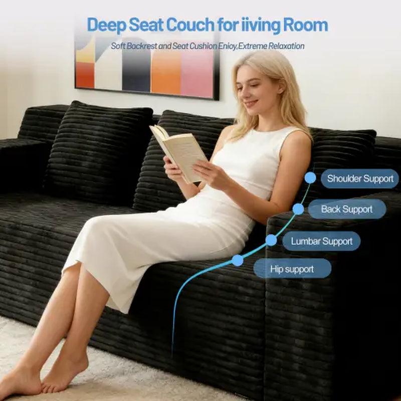 71-Inch 3-Seat Boneless Sofa, Corduroy Foam Couch with 3 Throw Pillows, Straight Arms, Side Pockets, No Assembly Required