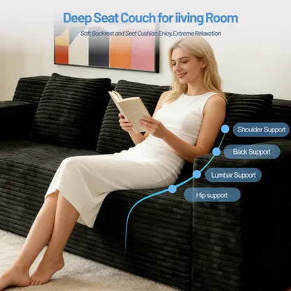 71-Inch 3-Seat Boneless Sofa, Corduroy Foam Couch with 3 Throw Pillows, Straight Arms, Side Pockets, No Assembly Required