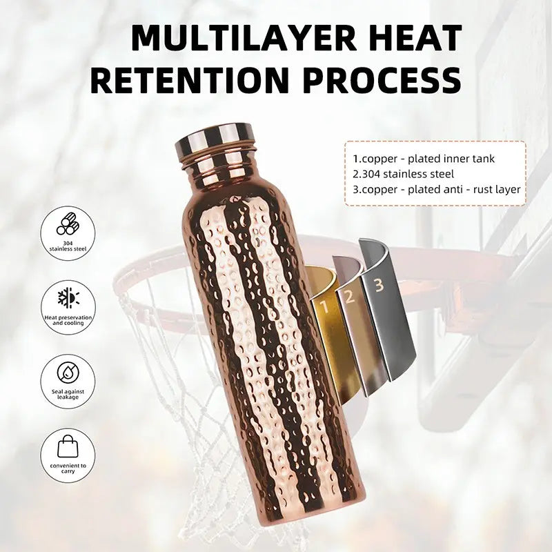 Copper Water Bottle Drinking Hammer, Handmade Stainless Steel Travel Cup, Hiking Water Bottle, Sports Bottle, 27 Ounces, Durable and Portable Design, Perfect for On-The-Go Use