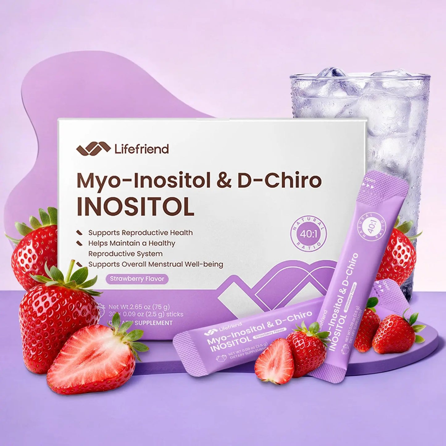 Lifefriend Hormone Balance Drink Mix for Women – Inositol Powder Strawberry Flavor Drink with 2000Mg Myo-Inositol + D-Chiro 40:1 Ratio, Vitamin D, Folate, Cycle Support, Energy & Mood