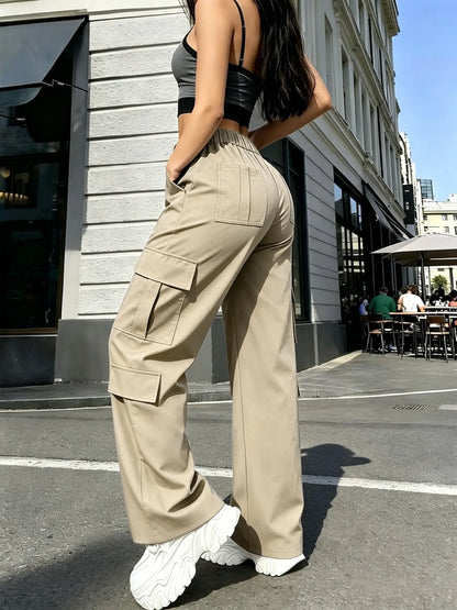 Women’S Cargo Straight-Leg Pants, Mid-Rise Elastic Waistband, Large Side Pockets, Drapey Fabric, Versatile Wide-Leg Floor-Length Casual Pants, Street-Style Trendy Long Pants Summerwins