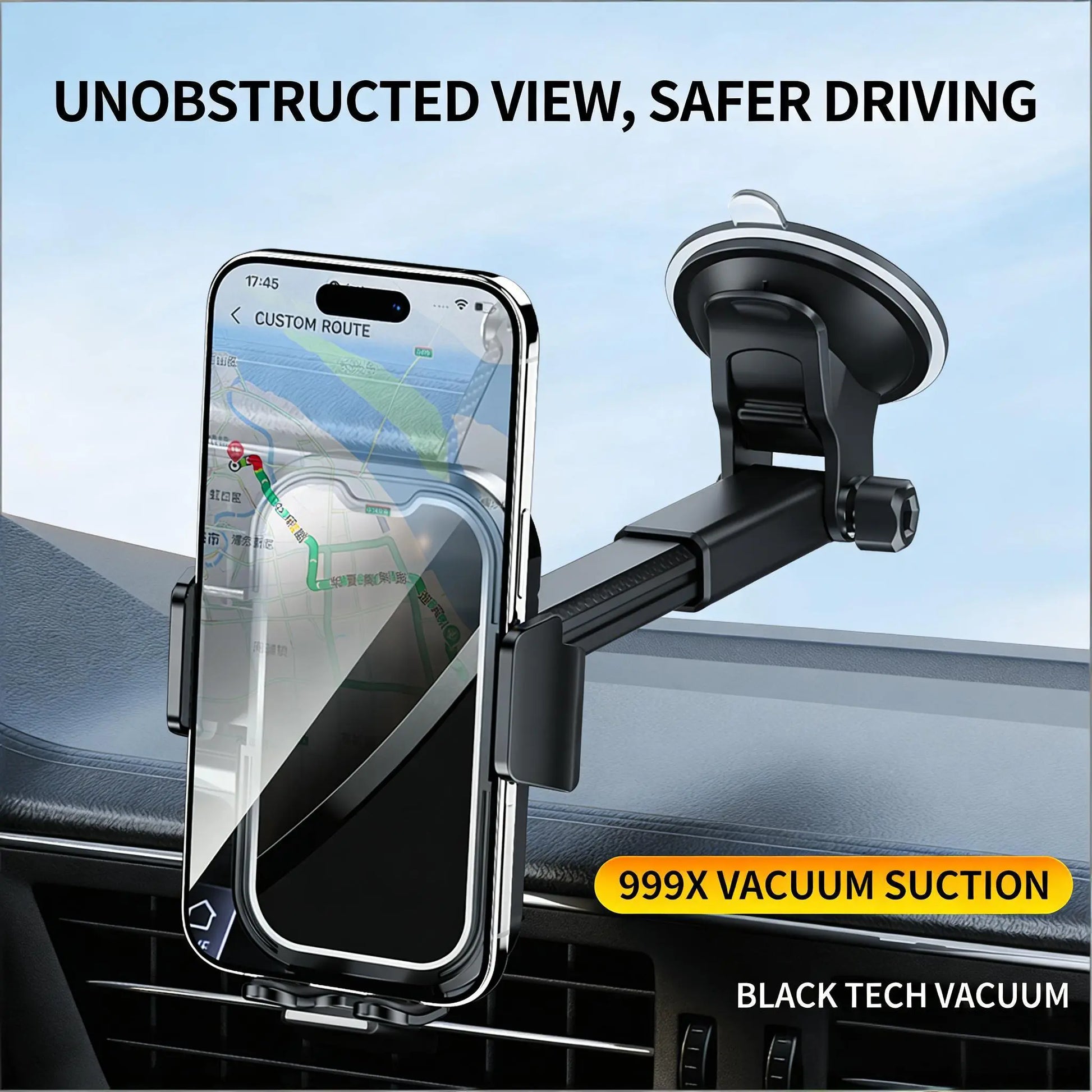 Black Tech Vacuum Car Phone Holder Cell Phone Mount for Dashboard Windshield Vent Wall Truck Cradle Stand for Iphone 17 Pro Max 16 15 14 13 Android with 999X Vacuum Suction