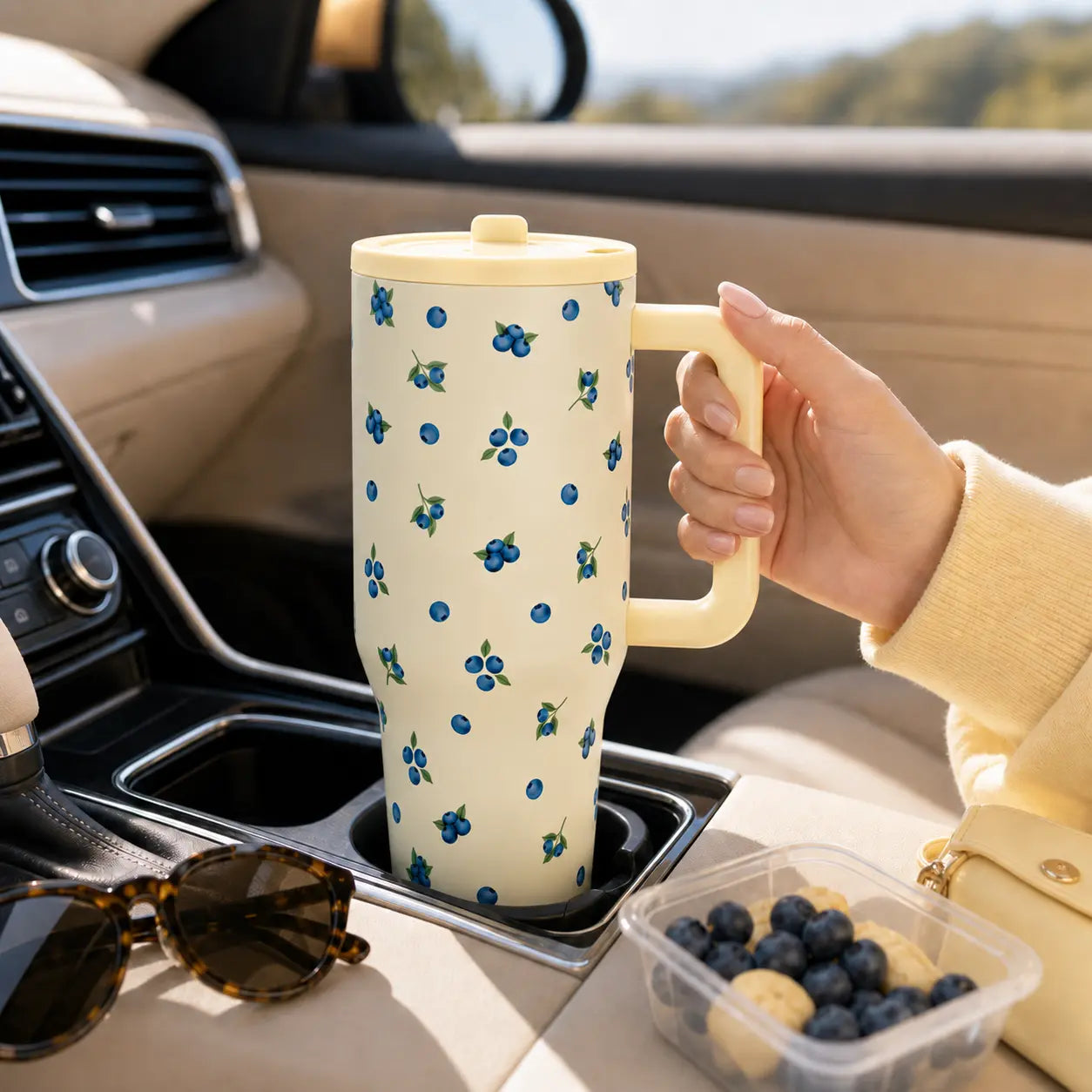 Hydrojug 40Oz Blueberry Print Tumbler with Handle, Vacuum Insulated Stainless Steel Cup with Straw Lid, Leak-Resistant Travel Mug for Car Cup Holder, Office Desk, Gym, Commute, Summer Drinks, Daily Hydration, Cute Aesthetic Gift for Her, Women & Men