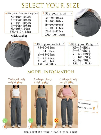 Women’S Cargo Straight-Leg Pants, Mid-Rise Elastic Waistband, Large Side Pockets, Drapey Fabric, Versatile Wide-Leg Floor-Length Casual Pants, Street-Style Trendy Long Pants Summerwins