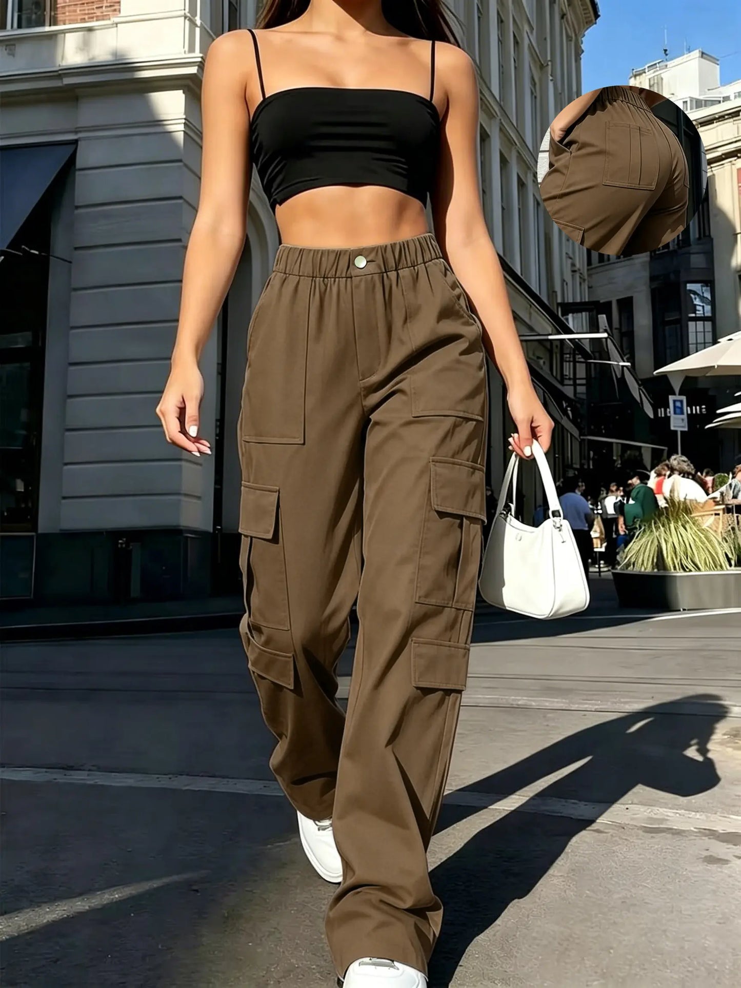 Women’S Cargo Straight-Leg Pants, Mid-Rise Elastic Waistband, Large Side Pockets, Drapey Fabric, Versatile Wide-Leg Floor-Length Casual Pants, Street-Style Trendy Long Pants Summerwins