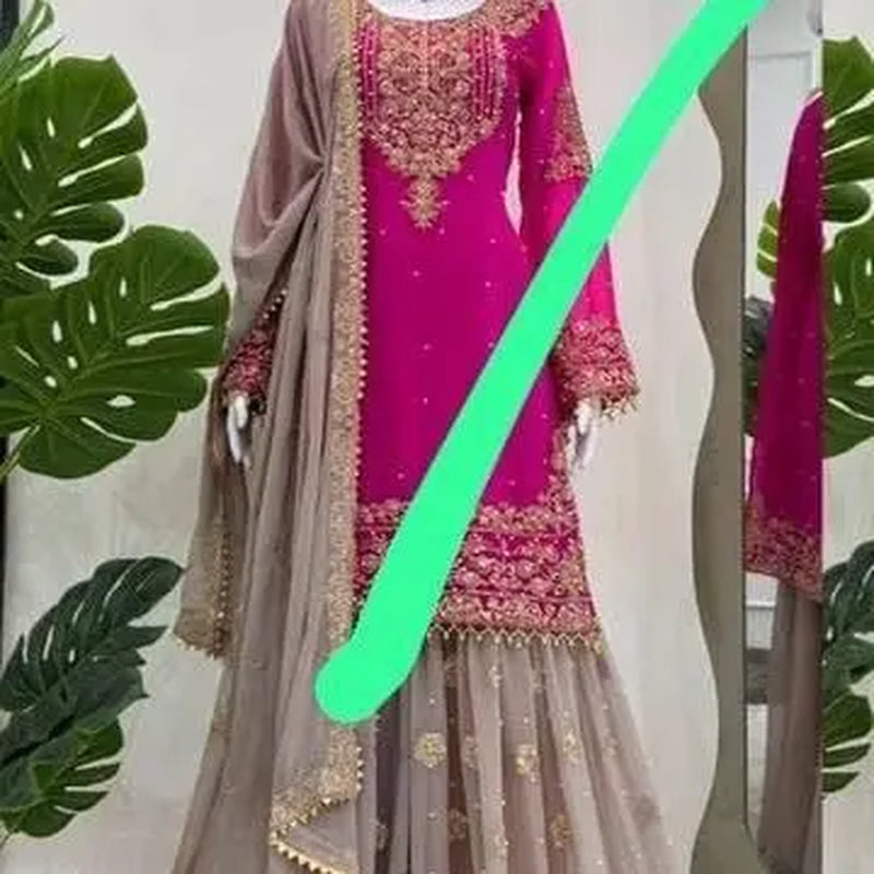 Women Faux Georgette Sharara Indian Suit Party Wear Wedding Set