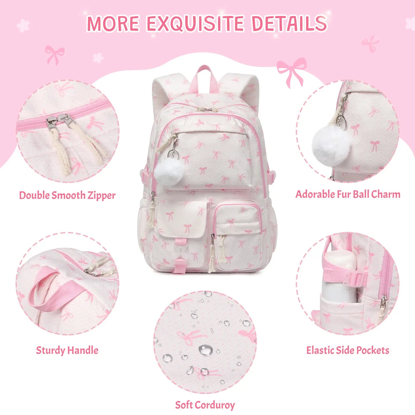 Similove Corduroy Floral Backpack for Girls, 3-Pocket Kawaii 3/4PCS Toddler Bookbag with Lunch Bag&Pencil Case&Water Bottle, Lightweight Casual Daypack for Preschool Travel