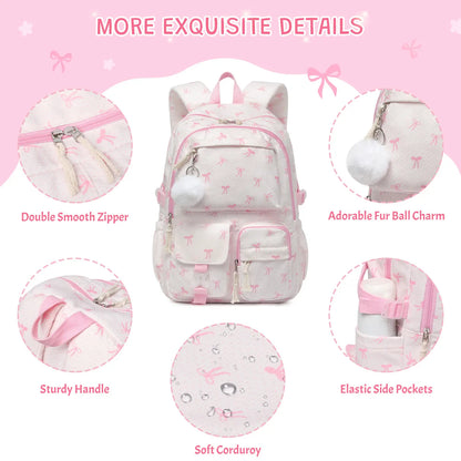 Similove Corduroy Floral Backpack for Girls, 3-Pocket Kawaii 3/4PCS Toddler Bookbag with Lunch Bag&Pencil Case&Water Bottle, Lightweight Casual Daypack for Preschool Travel