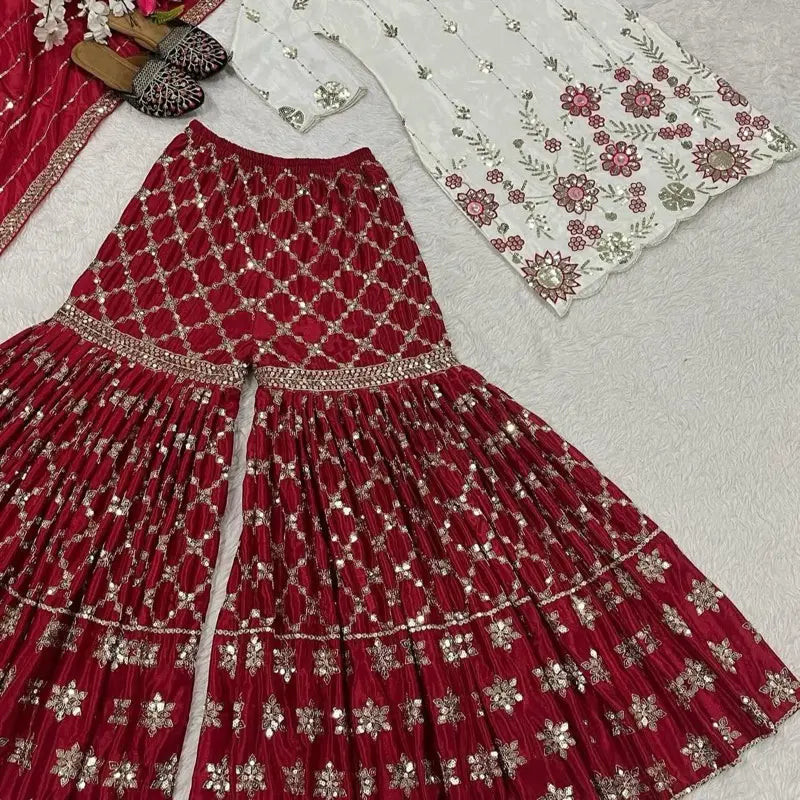 Indian Sharara - Red Traditional Dress with Floral Embroidery and Matching Accessories
