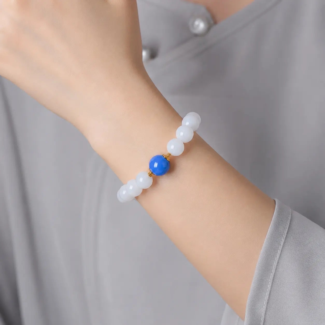 Ethnic Eastern-Inspired Natural Stone Bracelet - Polished White with Blue Accent, Unisex Inspirational Wellness Jewelry for Meditation, Calming Energy of Water Element, Costume Fashion Accessory
