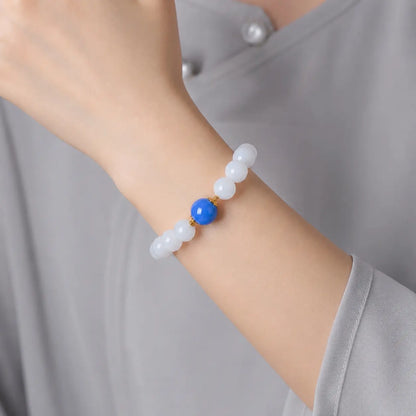 Ethnic Eastern-Inspired Natural Stone Bracelet - Polished White with Blue Accent, Unisex Inspirational Wellness Jewelry for Meditation, Calming Energy of Water Element, Costume Fashion Accessory