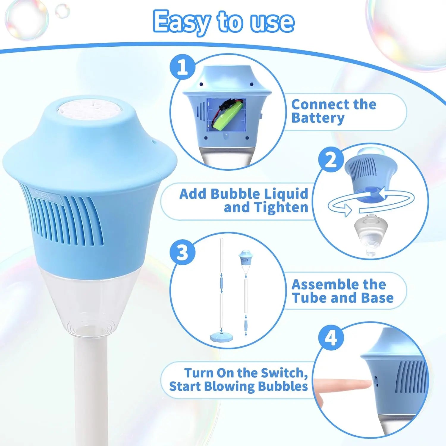 Bubble Machine for Kids, Automatic Standing Bubble Maker Machine Height Adjustable up to 47 Inches Outdoor Battery Bubble Machine with Light/Music for Toddlers Birthday Party Gifts(Blue)
