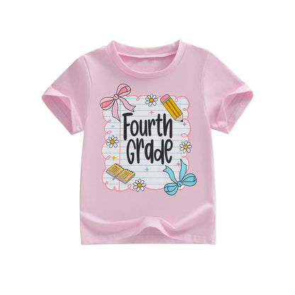 Toddler Baby Little Girl Back to School T Shirts Short Sleeve Grade Print Casual Summer Tops 4-11 Years