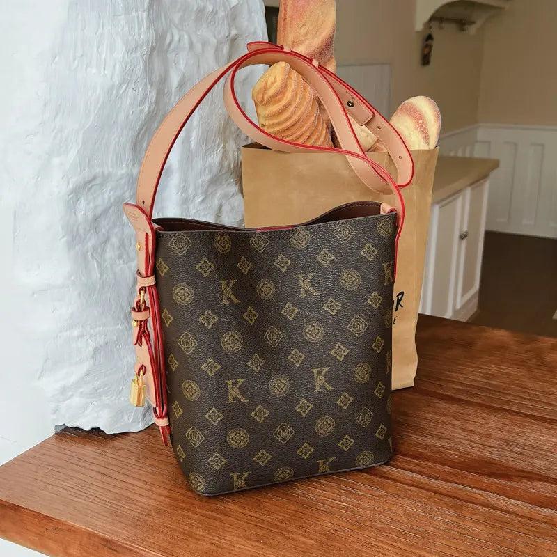 Women'S 2026 New Arrival Premium-Quality Vintage Printed Beige Bucket Bag, Crossbody & Shoulder Tote