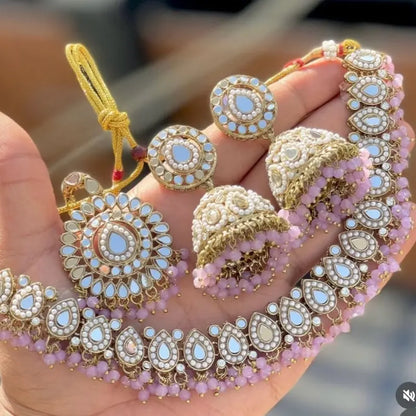 Indian Wedding Mirror Jewelry Set - Mirror Necklace, Tikka, Jhumka Earrings