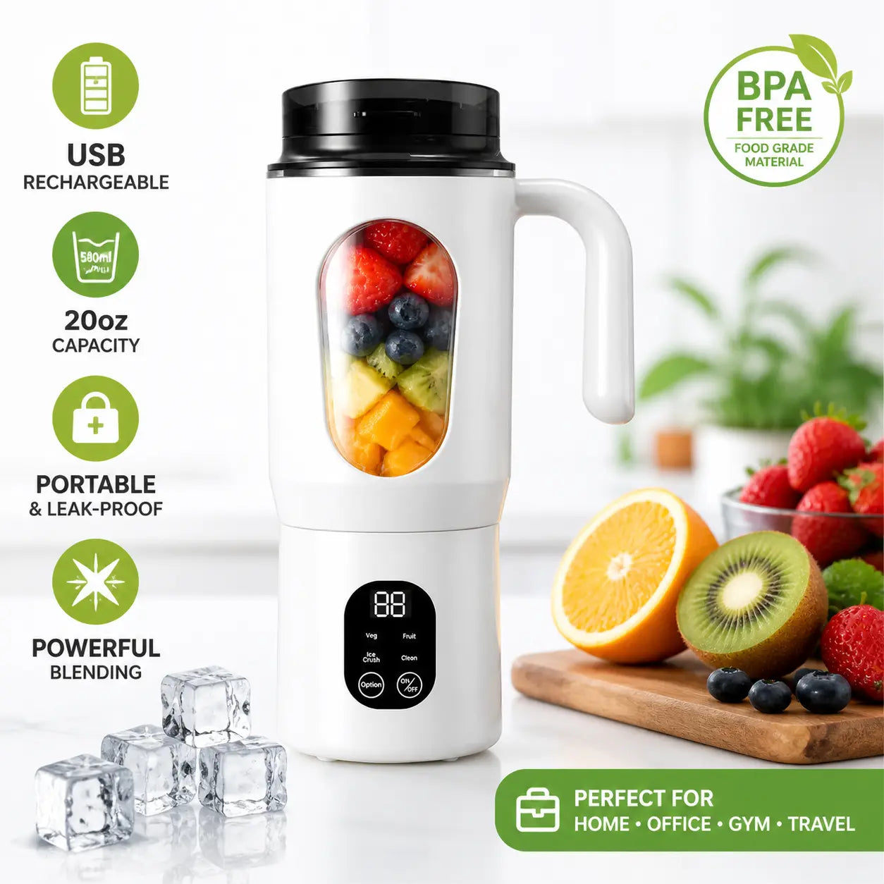Portable Juicer with LED Display USB Rechargeable Handheld Juice Blender 22000 RPM Self-Cleaning Bpa-Free for Smoothies Juices with Ice Crush Function Multiple Gears Versatile Uses High Speed Safety Protection Healthy Materials