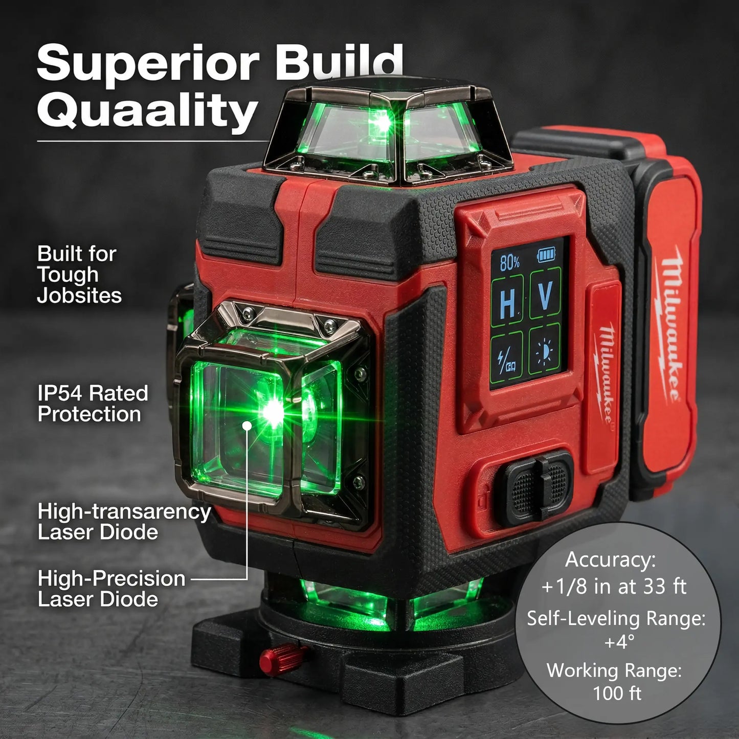 Milwaukee 4D16-Line Laser Level Kit with Dual Horizontal and Vertical 360° Laser,Gravity Pendulum Balancing System,Manual Slope Lock,Precise Measuring,Complete Mounting,Control Accessories for Tile Paving,Ceiling Installation,On-Site Building Layout Works