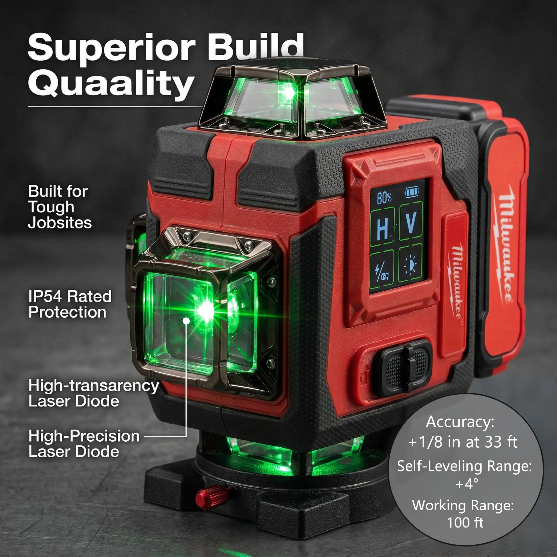 Milwaukee 4D16-Line Laser Level Kit with Dual Horizontal and Vertical 360° Laser,Gravity Pendulum Balancing System,Manual Slope Lock,Precise Measuring,Complete Mounting,Control Accessories for Tile Paving,Ceiling Installation,On-Site Building Layout Works