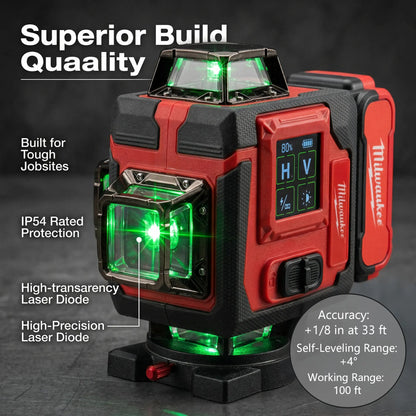 Milwaukee 4D16-Line Laser Level Kit with Dual Horizontal and Vertical 360° Laser,Gravity Pendulum Balancing System,Manual Slope Lock,Precise Measuring,Complete Mounting,Control Accessories for Tile Paving,Ceiling Installation,On-Site Building Layout Works