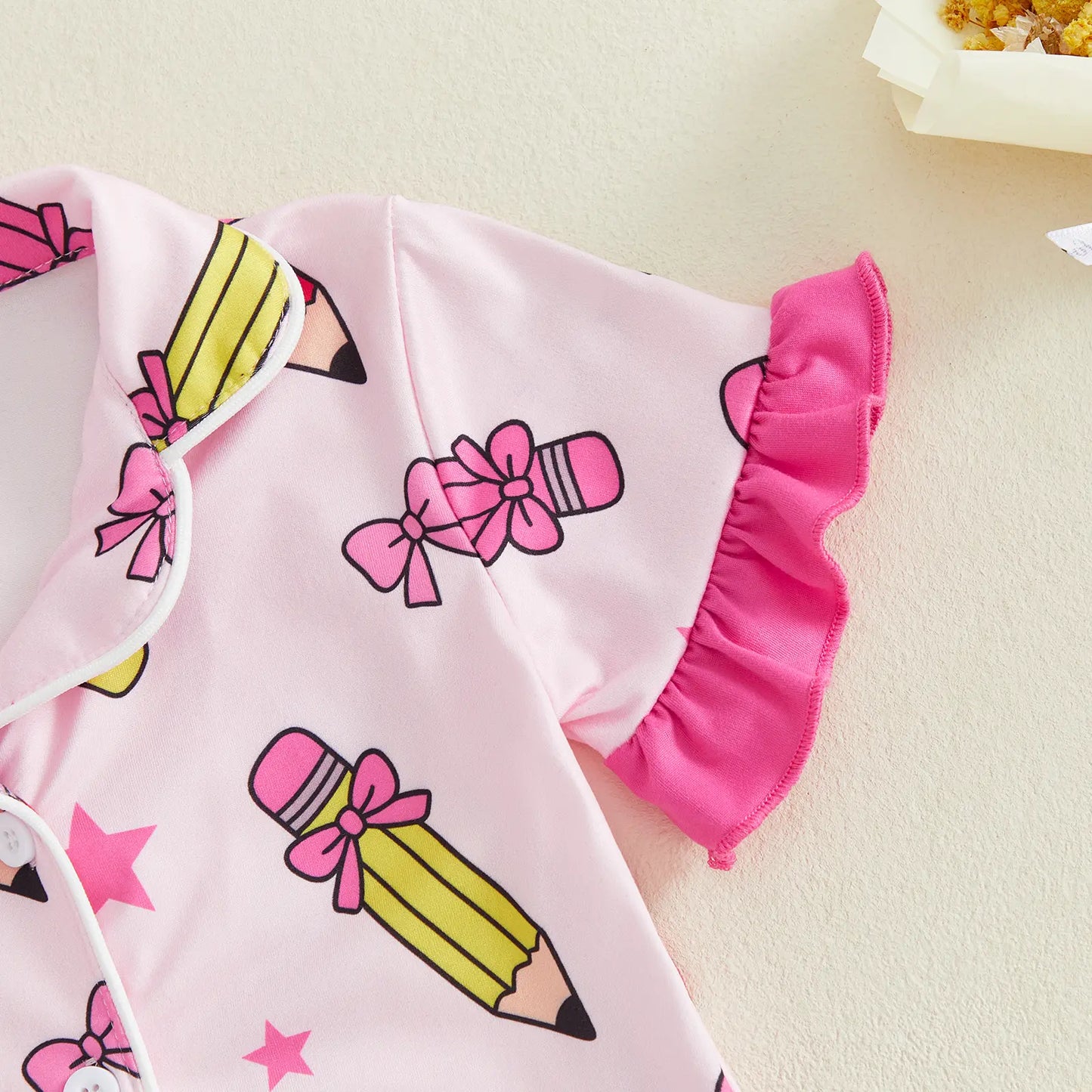 Toddler Girl Back to School Silk Pajamas Short Sleeve Apple Pencil Bow Print Shirt+Shorts First Day of School Outfit