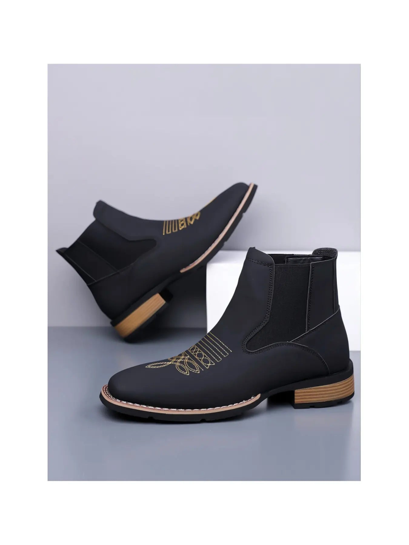 Men Square Chelsea Boots PU Fashion Classic Embroidery Retro Comfortable Western Ankle Cowboy Boots Elegant Boots Casual Boots Western Style Boots Western Inspired Boots Embroidered Boots