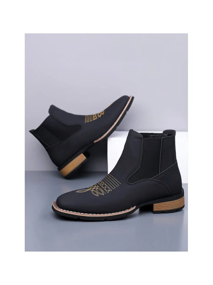 Men Square Chelsea Boots PU Fashion Classic Embroidery Retro Comfortable Western Ankle Cowboy Boots Elegant Boots Casual Boots Western Style Boots Western Inspired Boots Embroidered Boots