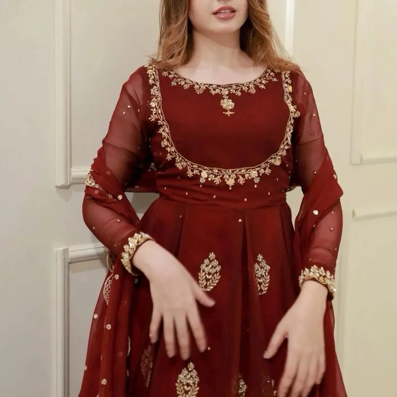Modern Georgette Sequin Embroidery Gown with Dupatta | Indian Party & Wedding Wear for Women