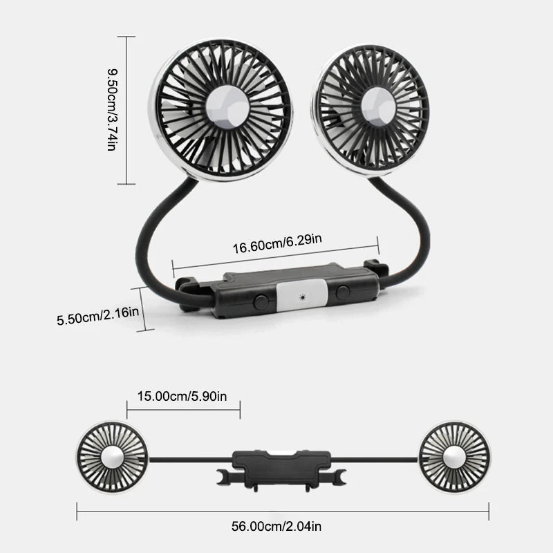 Car USB Fan Dual Head Cooling Air Fan Independent Switch 3-Speed 360 Degree Adjustable Auto Headrest Fan for Rear Seat