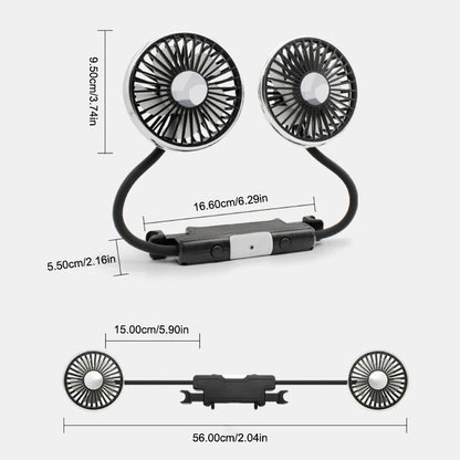 Car USB Fan Dual Head Cooling Air Fan Independent Switch 3-Speed 360 Degree Adjustable Auto Headrest Fan for Rear Seat