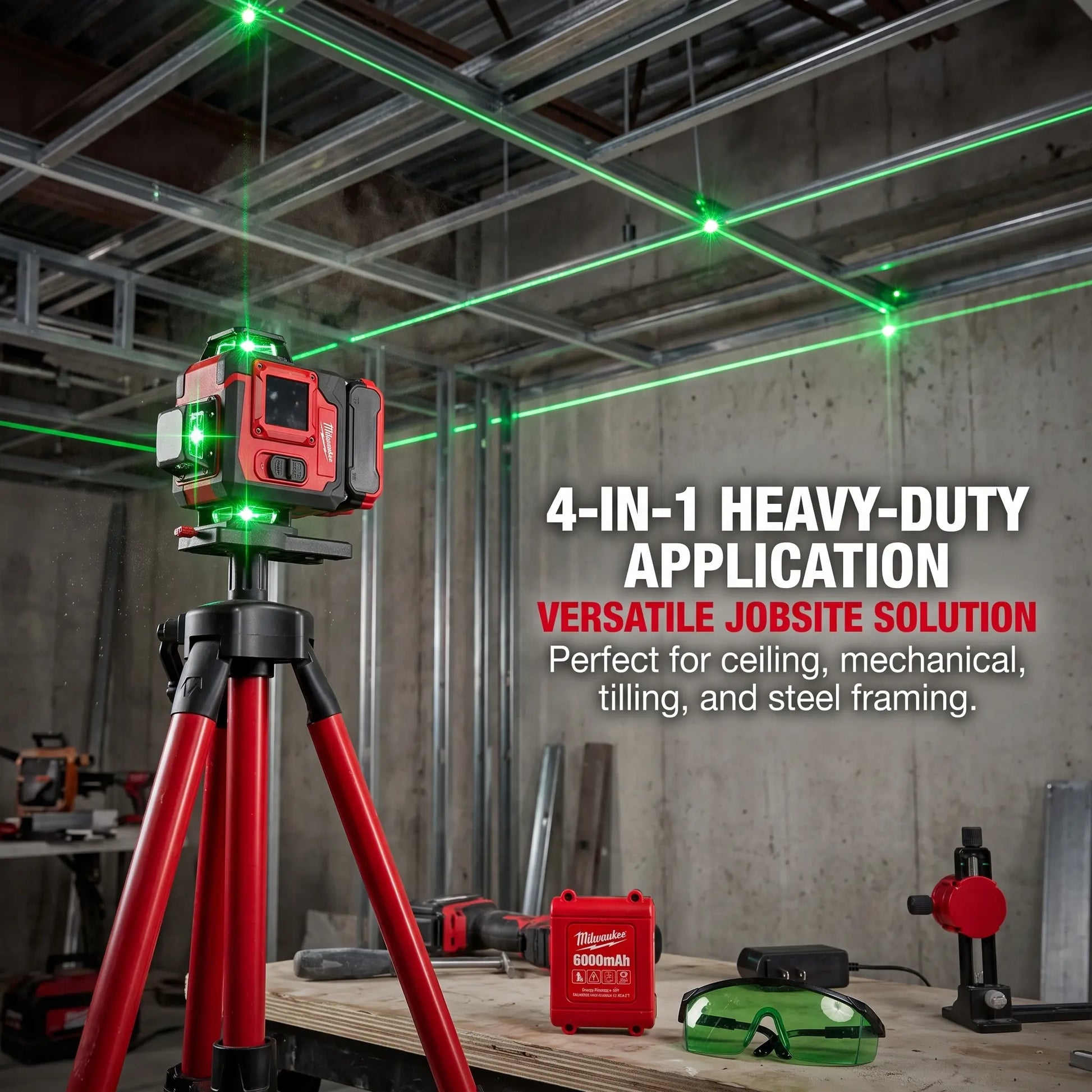 Milwaukee 4D16-Line Laser Level Kit with Dual Horizontal and Vertical 360° Laser,Gravity Pendulum Balancing System,Manual Slope Lock,Precise Measuring,Complete Mounting,Control Accessories for Tile Paving,Ceiling Installation,On-Site Building Layout Works