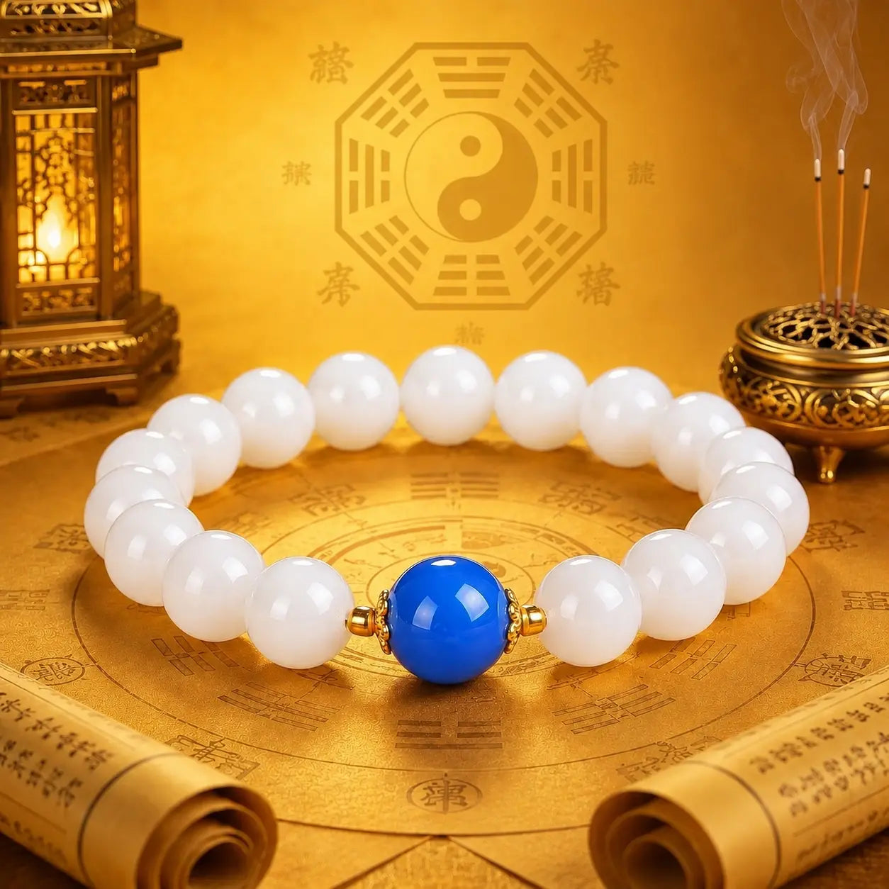 Ethnic Eastern-Inspired Natural Stone Bracelet - Polished White with Blue Accent, Unisex Inspirational Wellness Jewelry for Meditation, Calming Energy of Water Element, Costume Fashion Accessory