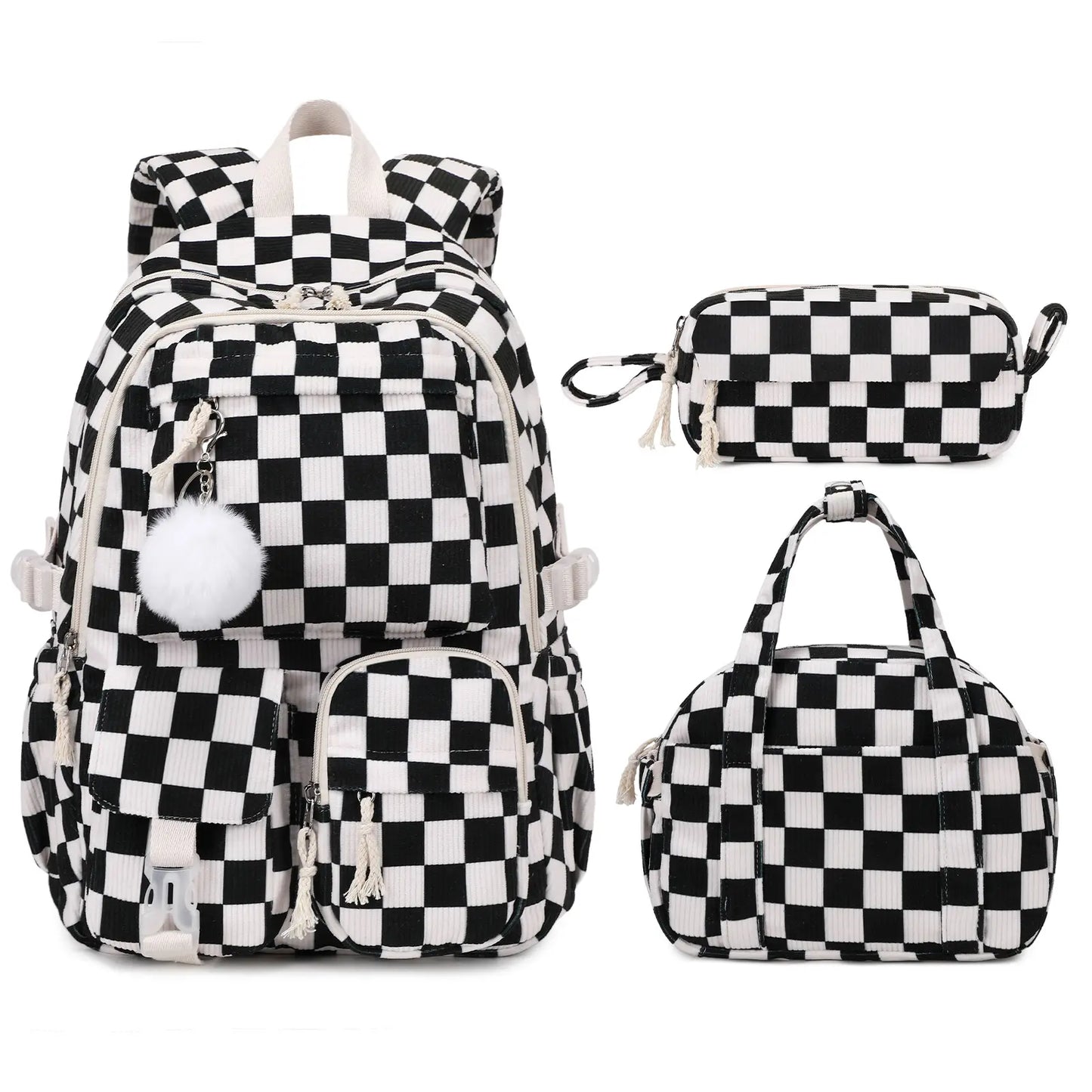 Similove Corduroy Floral Backpack for Girls, 3-Pocket Kawaii 3/4PCS Toddler Bookbag with Lunch Bag&Pencil Case&Water Bottle, Lightweight Casual Daypack for Preschool Travel
