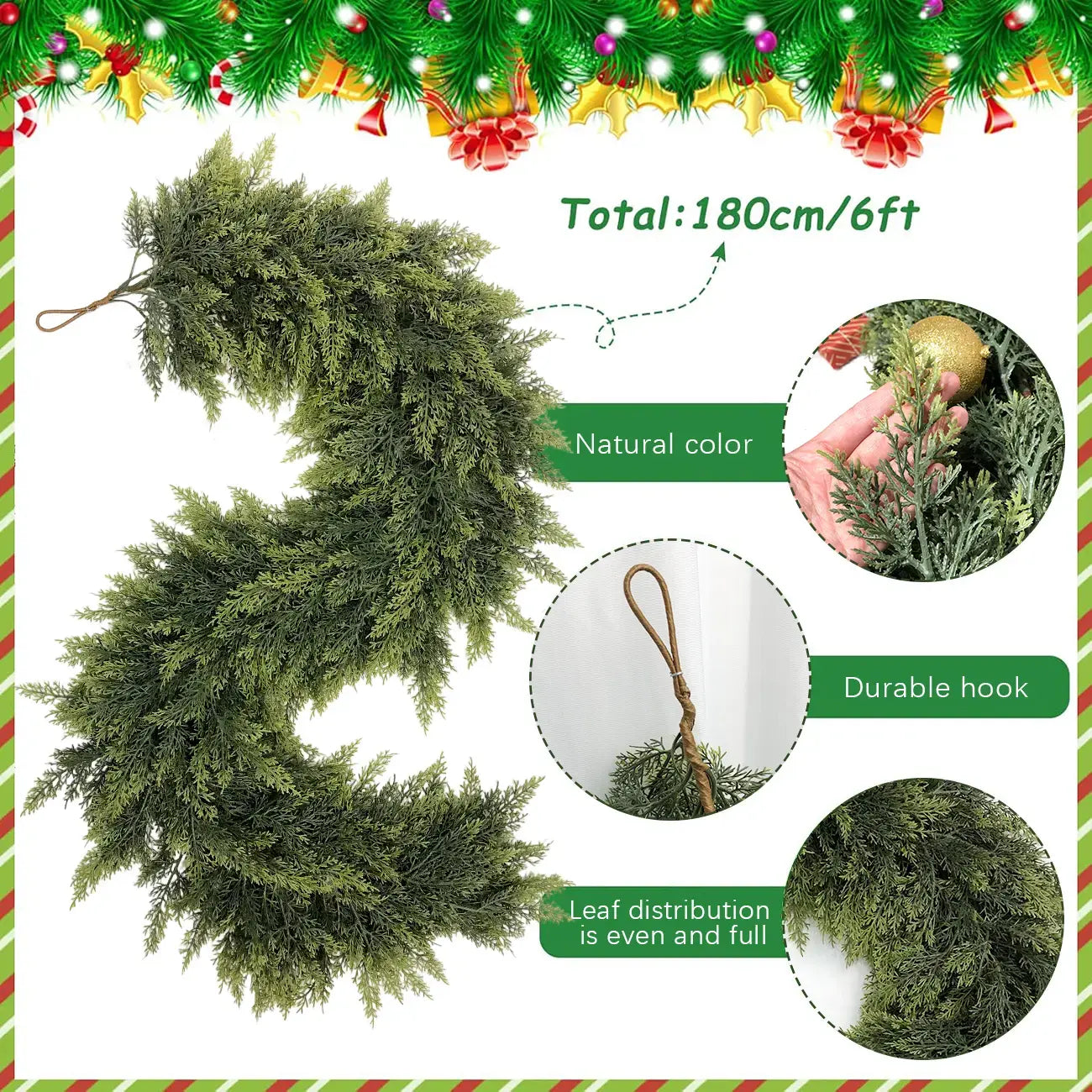 2-Pack 6 FT Artificial Cedar Garlands, Real Touch Winter Cedar Garland, Green Artificial Greenery Pine Garland for Table, Mantle, Wall, Indoor & Outdoor Christmas Decorations (2 Pcs, 6 FT).
