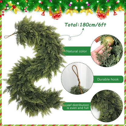 2-Pack 6 FT Artificial Cedar Garlands, Real Touch Winter Cedar Garland, Green Artificial Greenery Pine Garland for Table, Mantle, Wall, Indoor & Outdoor Christmas Decorations (2 Pcs, 6 FT).