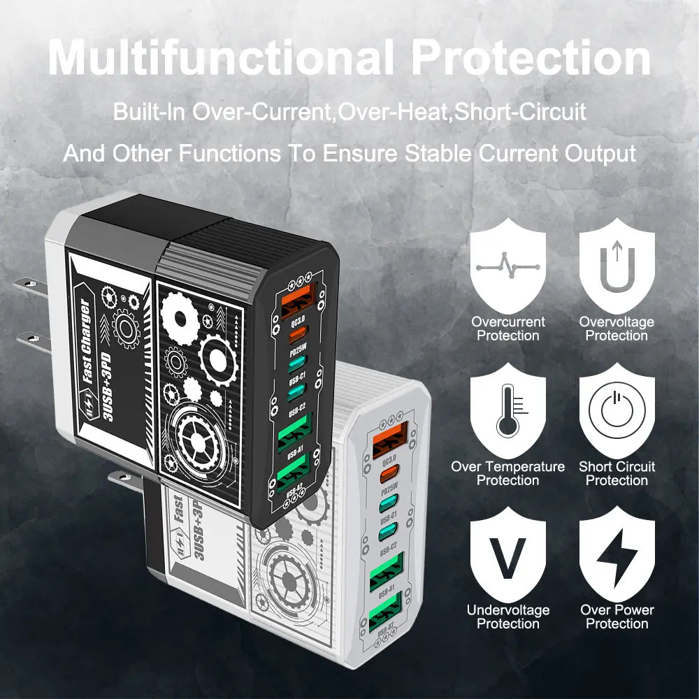 6-Port Fast Charger 3USB-C+3USB-A Fast Charger Portable Intelligent Charger Multiple Interfaces Portable for Pad, Iphon Digital Smartphone Electronic