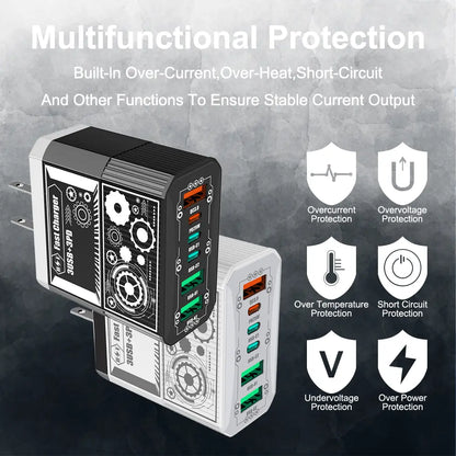 6-Port Fast Charger 3USB-C+3USB-A Fast Charger Portable Intelligent Charger Multiple Interfaces Portable for Pad, Iphon Digital Smartphone Electronic