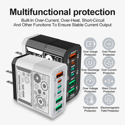 6-Port Fast Charger 3USB-C+3USB-A Fast Charger Portable Intelligent Charger Multiple Interfaces Portable for Pad, Iphon Digital Smartphone Electronic