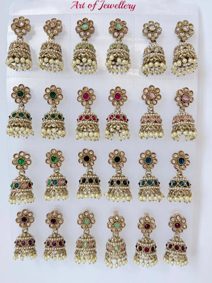 Polki Small Jhumka Pack - 12 Colors Traditional Indian Jewelry with Elegant Pearl Details