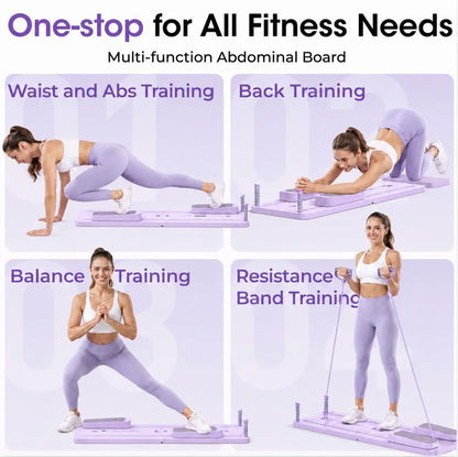 INTERGREAT Foldable Pilates Board, Multifunctional Pilates System for Home Gym, Ab Core Trainer with Resistance Bands, Balance Board Workout Equipment for Abs Arms Legs, Purple&Pink Fitness Gear