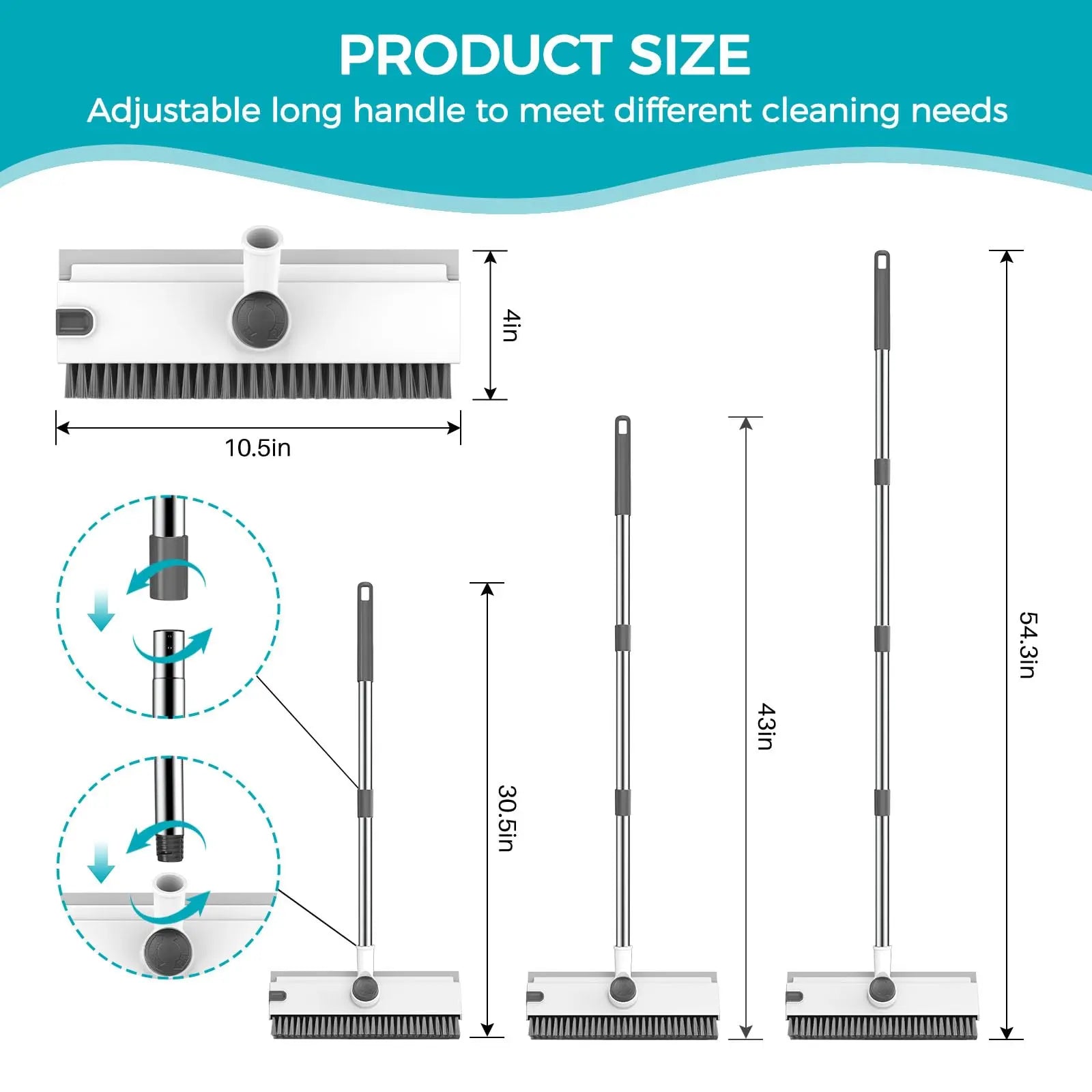 JOIORBOO Durable 3-In-1 Floor Scrub Brush Cleaning Tool with Long Handle - Double-Sided Bristle, Squeegee Scrubber for Bathroom, Kitchen
