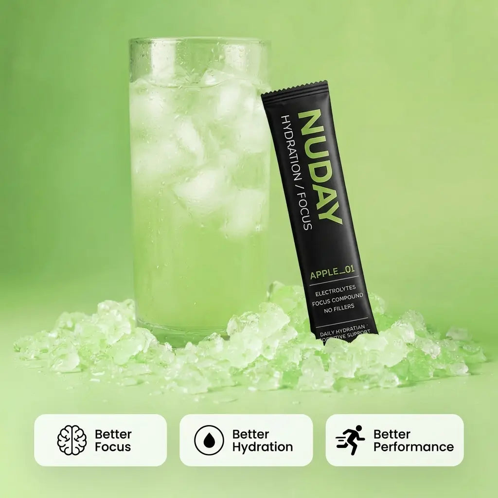 NUDAY Focus + Hydration Electrolyte Mix with Nootropics - Green Apple - 1,300Mg+ Electrolytes, L-Theanine, L-Tyrosine, Sugar-Free, Vegan & 100% Natural. the Smarter Daily Hydration.