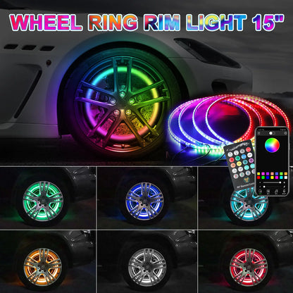 Ultimate 4PCS RGB LED Wheel Ring Light Kit with APP & Remote Control for Car Truck - IP67 Waterproof Decorative Light Accessories, Chasing Flow RGB Rim Light, RGB Coaxial Speaker Lights with Bluetooth