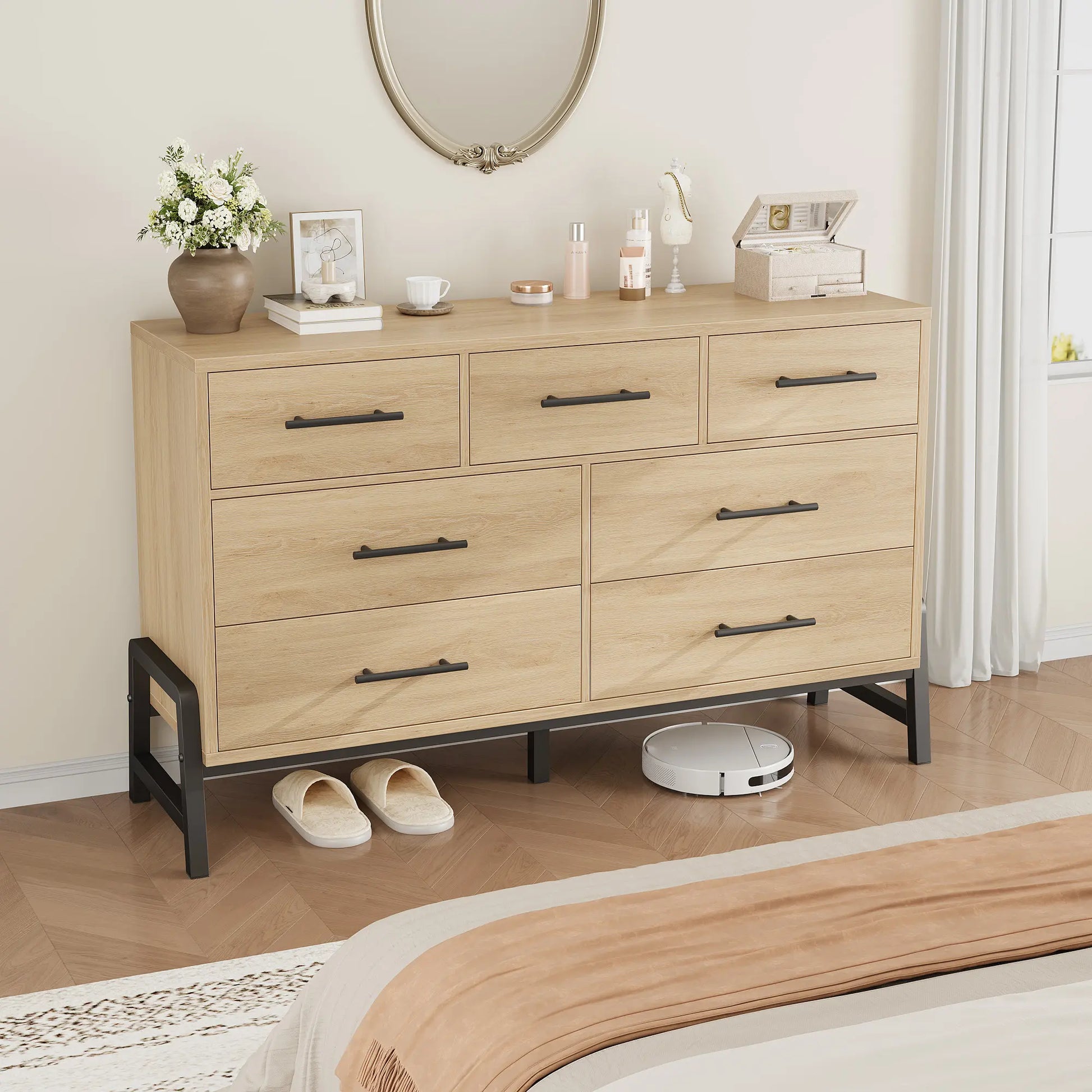 Modern 7-Drawer Wide Dresser for Bedroom - Freestanding Wooden Storage Chest - Large Drawers for Entryway, Living Room, or Closet - Natural Oak Finish
