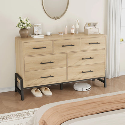 Modern 7-Drawer Wide Dresser for Bedroom - Freestanding Wooden Storage Chest - Large Drawers for Entryway, Living Room, or Closet - Natural Oak Finish