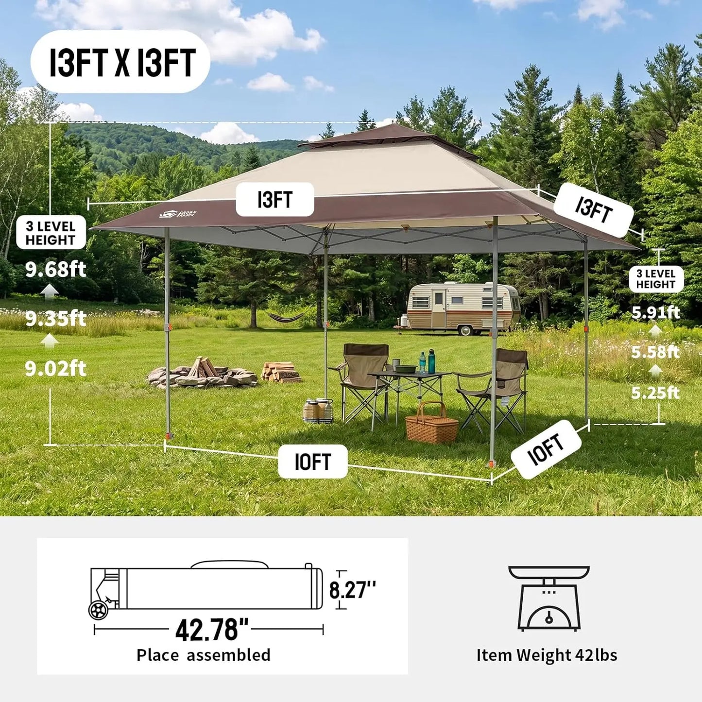 CROWN SHADES 13X13 Pop up Canopy, Outdoor Canopy Tent, Gazebo for Backyard & Patio Furniture, Foldable Sun Shade, Beige&Coffee