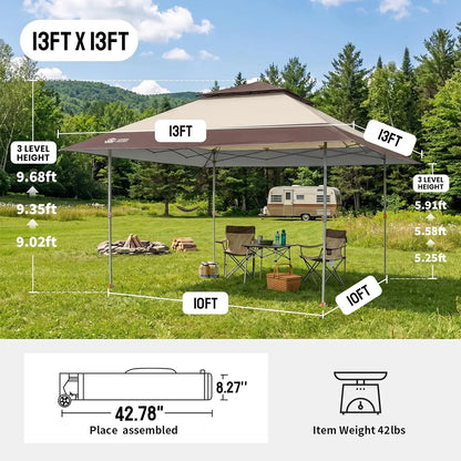 CROWN SHADES 13X13 Pop up Canopy, Outdoor Canopy Tent, Gazebo for Backyard & Patio Furniture, Foldable Sun Shade, Beige&Coffee