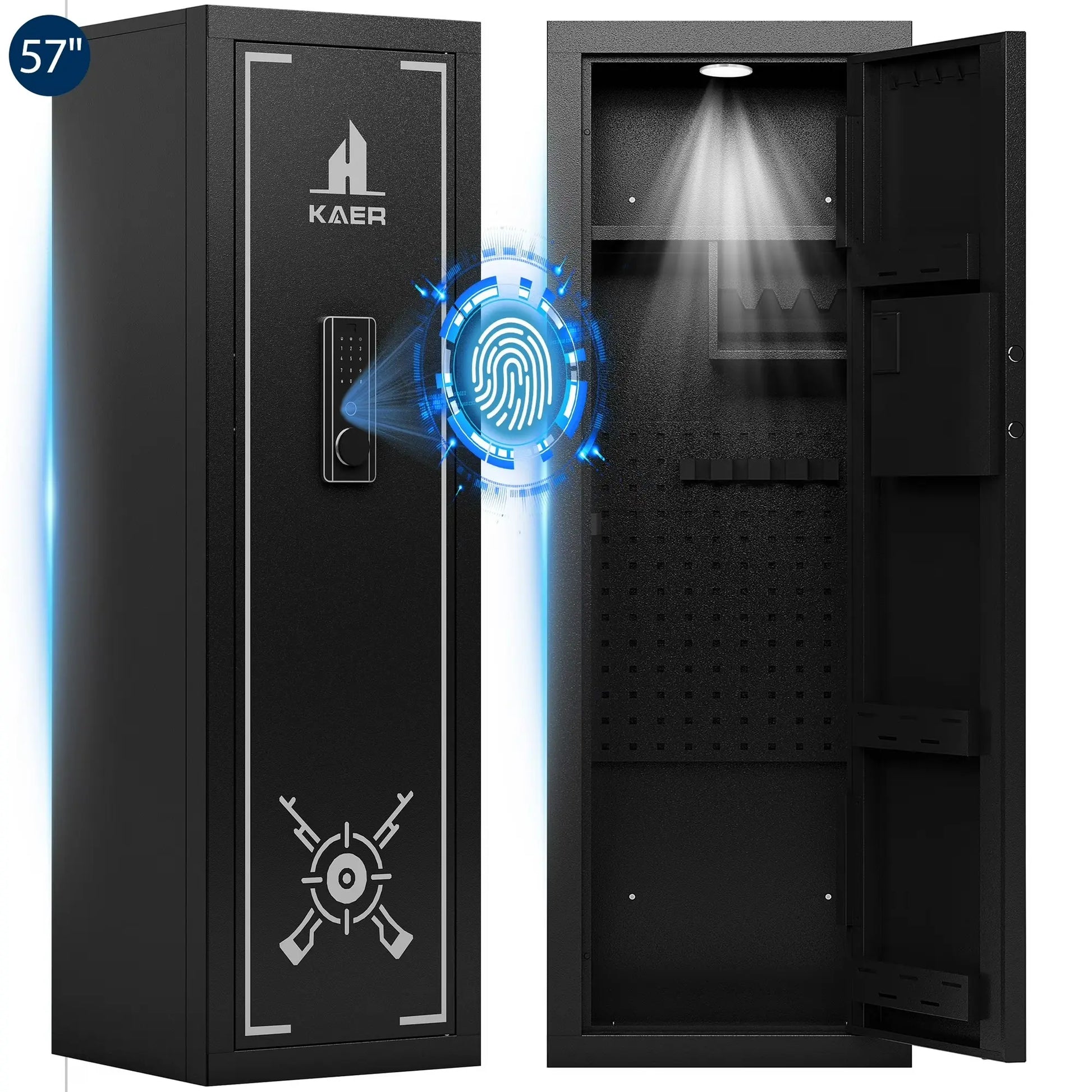 KAER 14-15 Gun Safe for Rifles & Pistols, Quick Access Biometric Fingerprint Lock, Large 57" Unassembled Rifle Safe with Adjustable Racks & Pistol Storage, Heavy Duty Home Defense & Child Safety Cabinet, anti Theft Safes, Security Safe Box