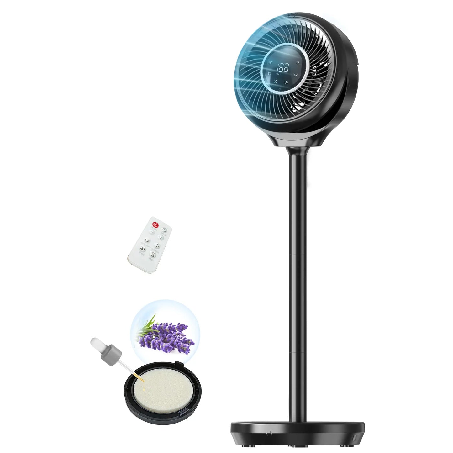 Pedestal Fan for Bedroom, 180° Wide Oscillating & 90° Vertical Tilt, 25Db Ultra Quiet DC Motor Standing Fan with Remote, 15 Speed Settings, 3 Modes, 12H Timer, 15-38" Height Adjustable